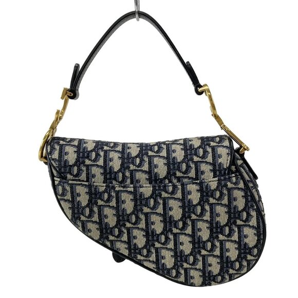 Auth DIOR/ChristianDior Saddle Bag Navy Cream Blue Jacquard Leather Handbag - Picture 3 of 16
